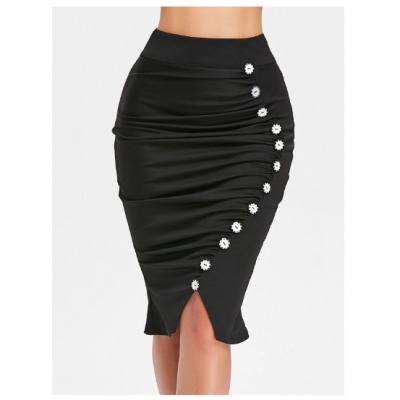 Slit Front Knee Length Fishtail Skirt - Black